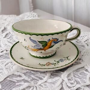 French Pottery Cup and Saucer Hand Painted Birds Signed Atelier du Chateau Set 2